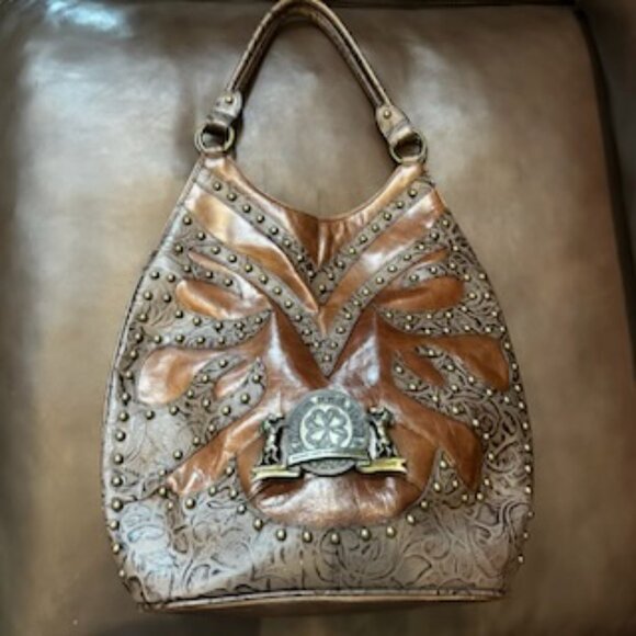 NWOT Charm & Luck Equestrian Style Brown Leather Brass Studded Purse Handbag - Picture 3 of 14